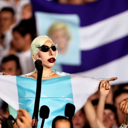 Image similar to Lady Gaga as president, Argentina presidential rally, Argentine flags behind, bokeh, giving a speech, detailed face, Argentina