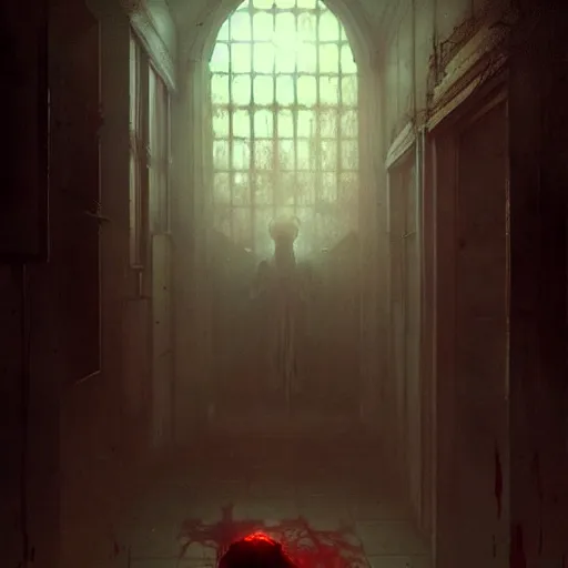 Prompt: psychiatric asylum, blood stains on the wall, horror scene, eerie atmosphere, by greg rutkowski and gaston bussiere, fluorescent lighting, beautiful volumetric - lighting - style atmosphere, futuristic atmosphere, intricate, detailed, photorealistic imagery, artstation