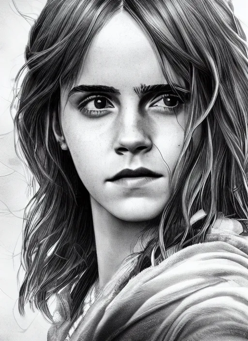 Image similar to portrait of emma watson as hermione granger. beautiful. happy. art by shinji aramaki. extremely detailed. 4 k.