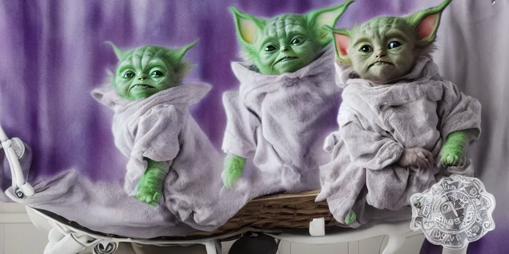 Image similar to a ( ( ( ( ( main coon kitten ) ) ) ) ) baby yoda themed shower curtain, shower curtain. product photography. product lighting. digital art. 4 k, highly detailed. saturated. baby yoda themed shower curtain.