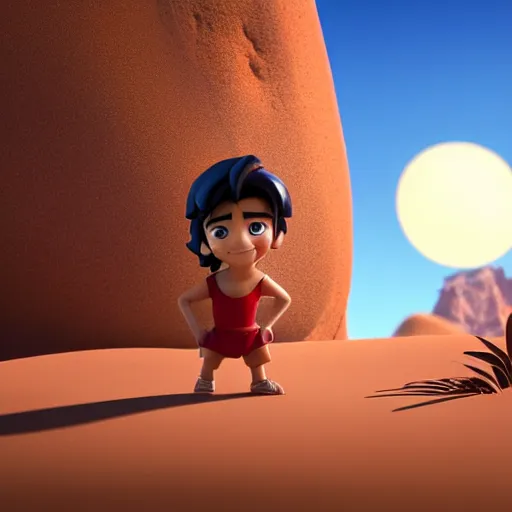 Image similar to profile view of young aladdin as nendoroid walking in a desert in the croods movie style, anime, disney, pixar, 8 k, hd, dof, kodak film, volumetric lighting, subsurface scattering, photorealistic, octane render, details