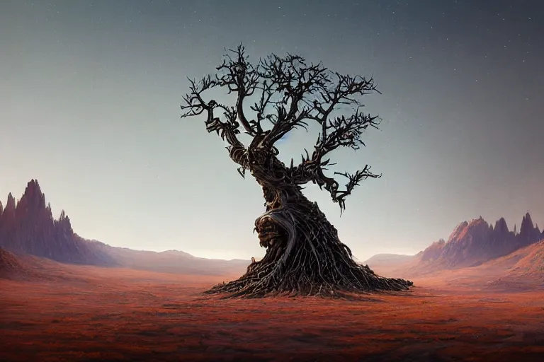 Image similar to cinematic fantasy landscape painting by jessica rossier, primordial and cosmic, desert valley of bones, an eclipse, over an autumn maple bonsai growing alone that is yggdrasil, on a desolate sand dune hr giger