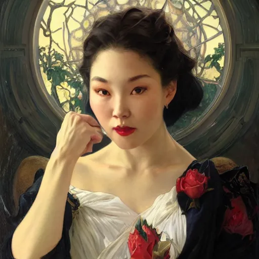 Prompt: portrait of a menacing beautiful Hwasa, top half of body, by Stanley Artgerm Lau , greg rutkowski, thomas kindkade, alphonse mucha, loish, norman rockwell, J. C. Leyendecker. bright white hair, pale skin, angry complexion, beautiful detailed eyes, black rose frame. D&D, fantasy. Trending on artstation rule of thirds extremely detailed old illustration hd 4k