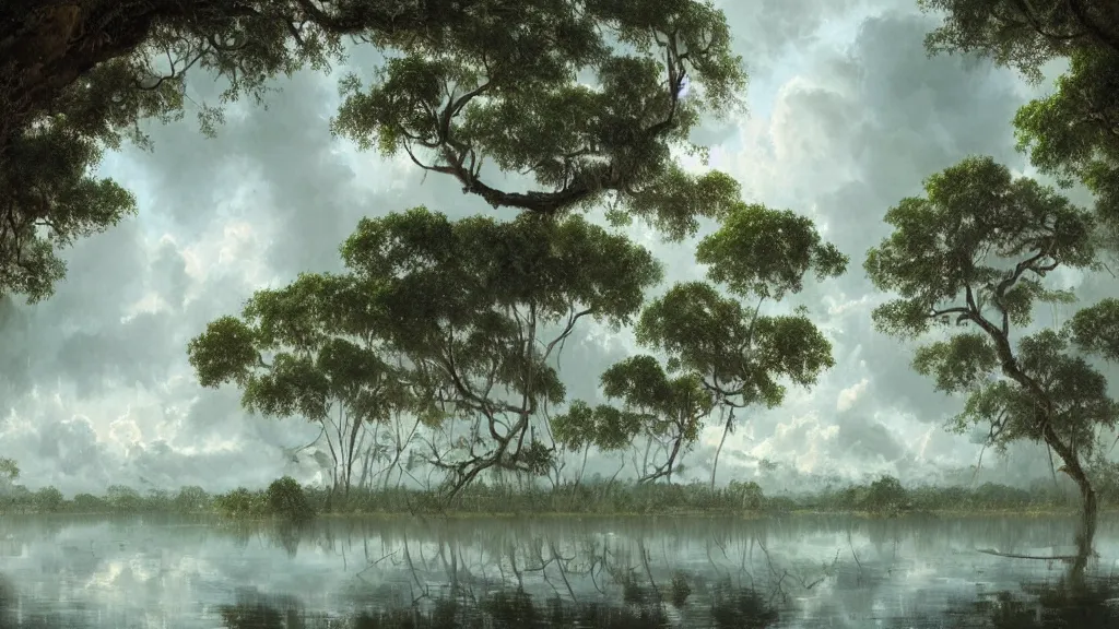 Image similar to Mangrove swamp made of clouds with lots of very very cloud shaped leaves, A beautiful, highly detailed, masterpiece, oil painting by Greg Rutkowski.