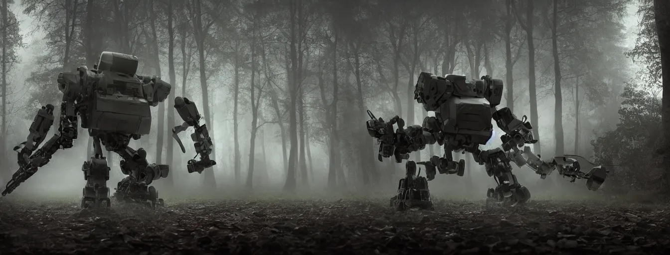 Prompt: detail view on heavy angry army robot just hunted human hiding in the trees, in dark foggy old forest in the night, postapo, dystopia style, heavy rain, reflections, high detail, horror dramatic moment, motion blur, dense ground fog, dark atmosphere, saturated colors, by darek zabrocki, render in unreal engine - h 7 0 4