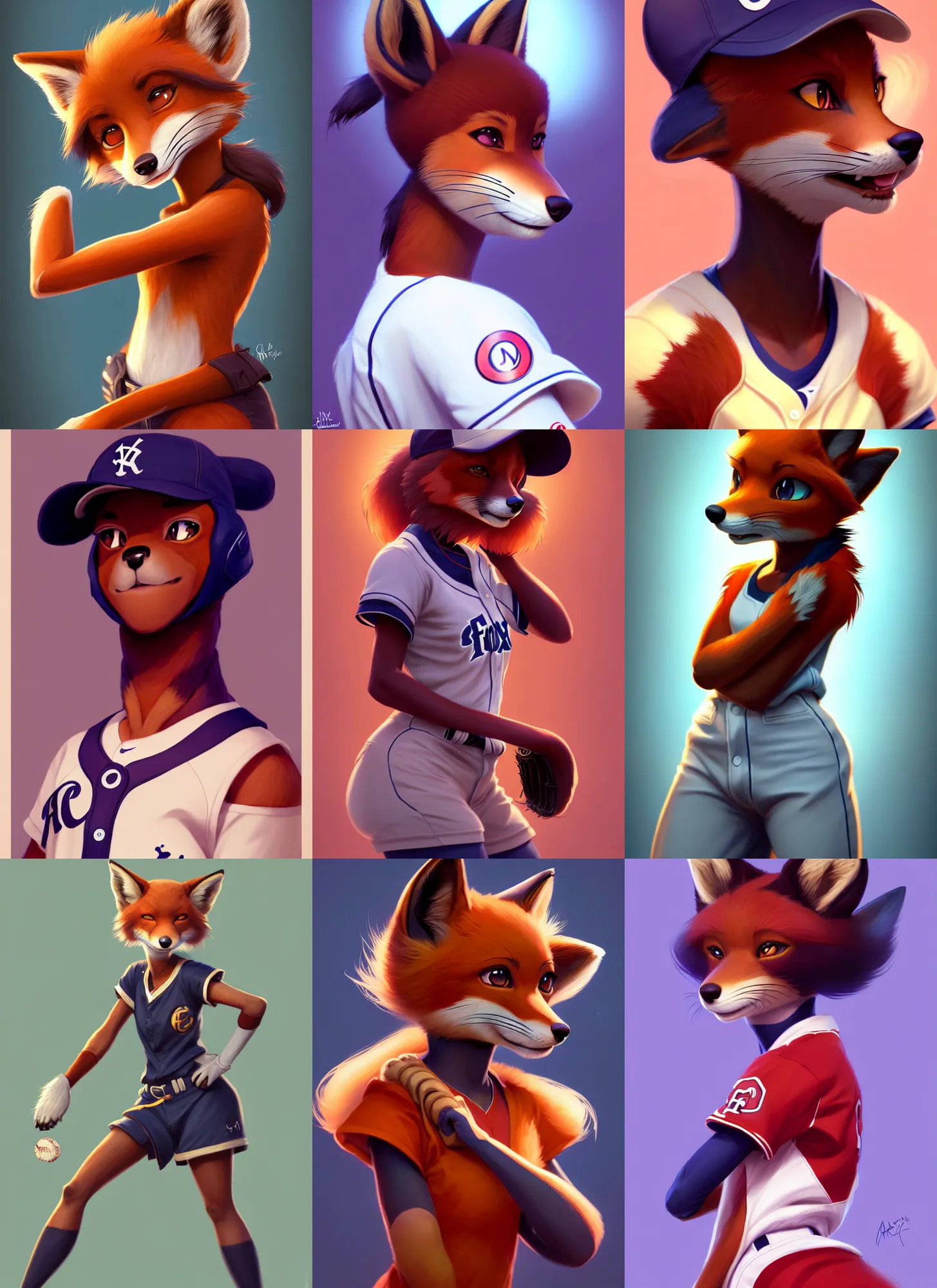 Prompt: beautiful portrait of a female anthropomorphic melanated fox fursona baseball player. character design by disney, charlie bowater, ross tran, artgerm, and makoto shinkai, detailed, soft lighting, rendered in octane