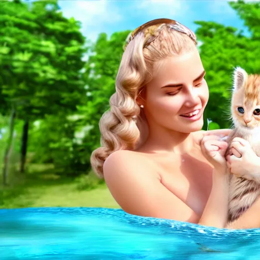 Prompt: photorealistic portrait of blonde young women in bathing suit holding kitten over her head, 3d cgi, photorealistic, cute,