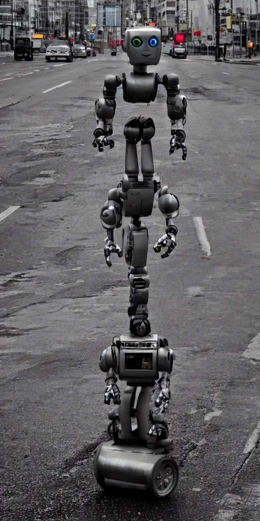 Image similar to robot on the road, city, photo, rain,