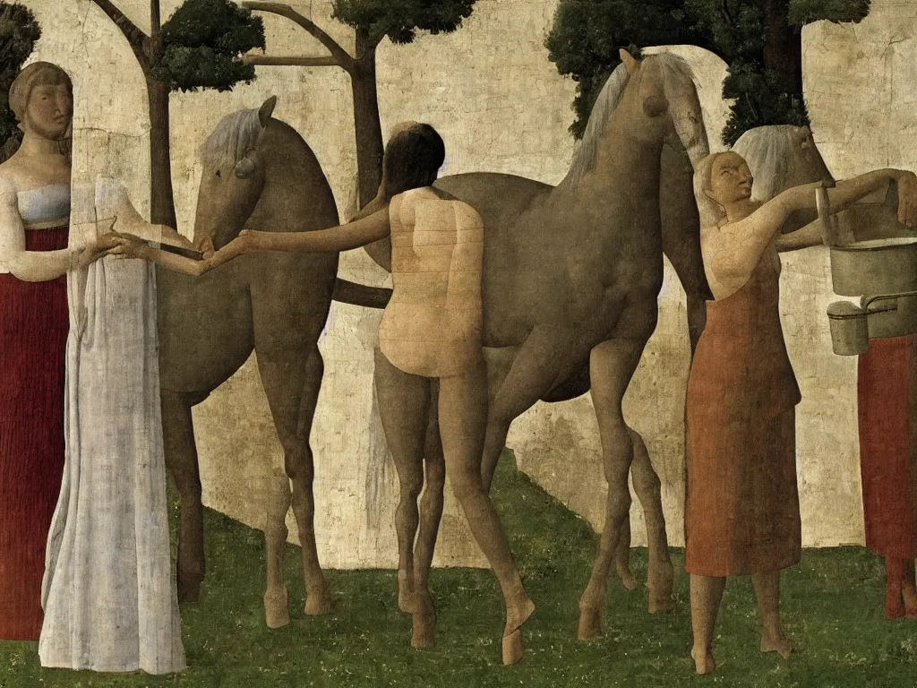 Prompt: detail woman washing with water jug. Horse, cypress tree. Comet. Painting by Piero della Francesca, Balthus, Morandi