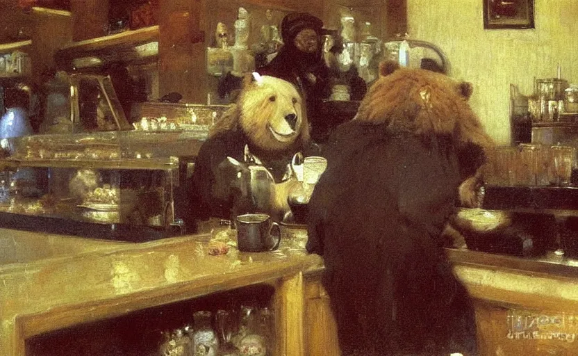 Image similar to high quality high detail painting by ilya repin, friendly bear sitting behind the counter of coffeeshop, hd