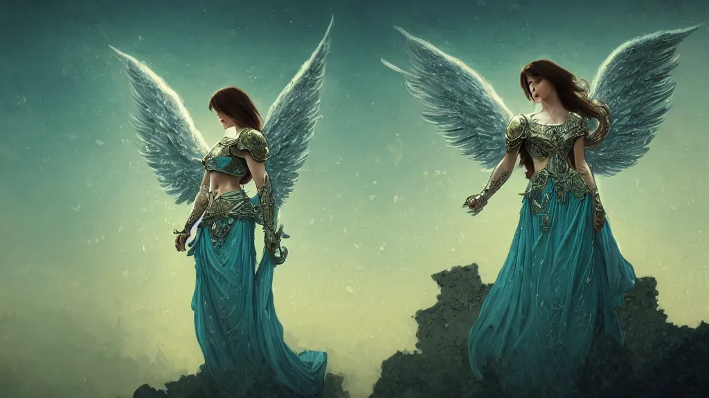 Image similar to angel, big wings, low key light, full plate armor with cloth, f 1 6, bokeh, close up portrait, gentle, female, ornate city ruins, landscape, d & d, fantasy, intricate, elegant, highly detailed, teal white gold color palette, roger deakins, sharp focus, concept art, greg rutkowski and alphonse mucha