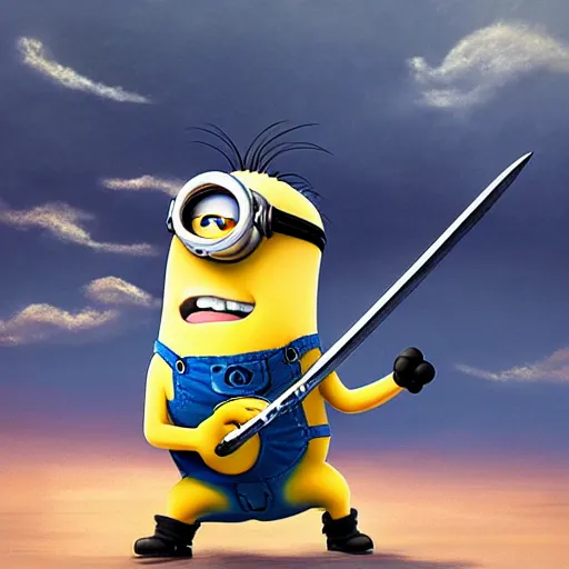 Prompt: an epic painting of minion with japan sword, perfect composition, by makoto shinkai, ultra detailed, finely detailed