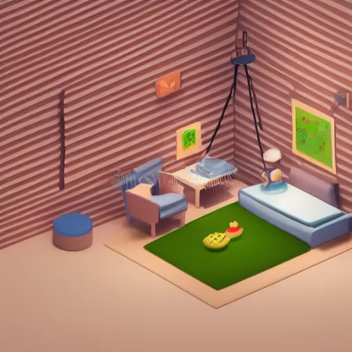 Image similar to a chubby cute room, 3 d illustration, isometric, 1 0 0 mm, studio lighting