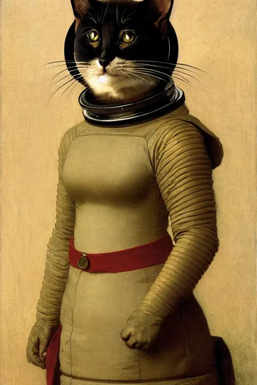 Image similar to portrait of a cat astronaut with japanese armor and helmet, majestic, solemn, by bouguereau