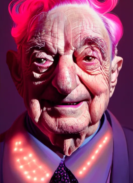 Prompt: portrait of george soros, realistic, smile, ugly, defined jawline, pink hair bow, intricate, elegant, glowing lights, highly detailed, digital painting, artstation, sharp focus, illustration, art by wlop, mars ravelo and greg rutkowski