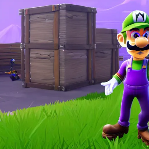 Prompt: in-game screenshot of waluigi in fortnite with walter white
