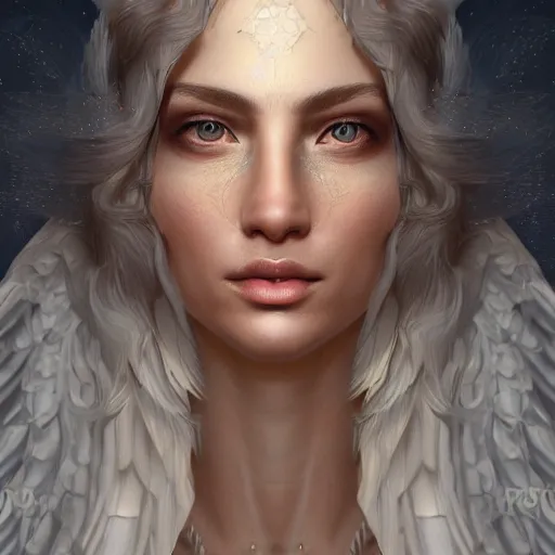 Image similar to a WLOP 3d render of a highly detailed beautiful mystic portrait of a biblically accurate angel, intricate, extremely detailed, digital painting, artstation, concept art, smooth, sharp focus, illustration, intimidating lighting, incredible art