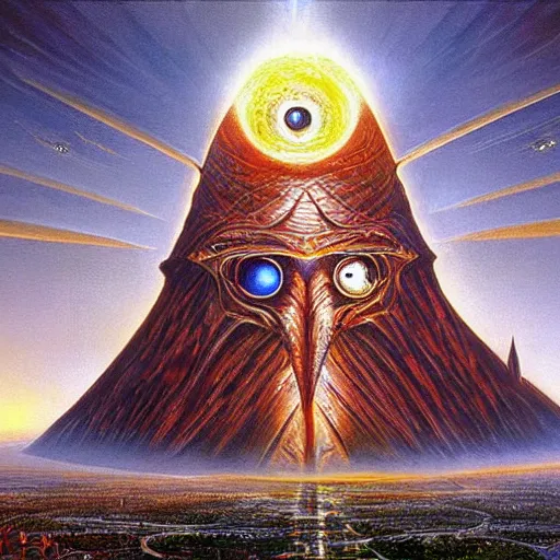 Prompt: barad - dur ( dark fortress ) and the eye of sauron, large scale painting by robert mccall and vladimir kush