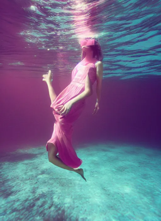 Prompt: girl in a long dress swimming underwater, caustics, surreal underwater photography