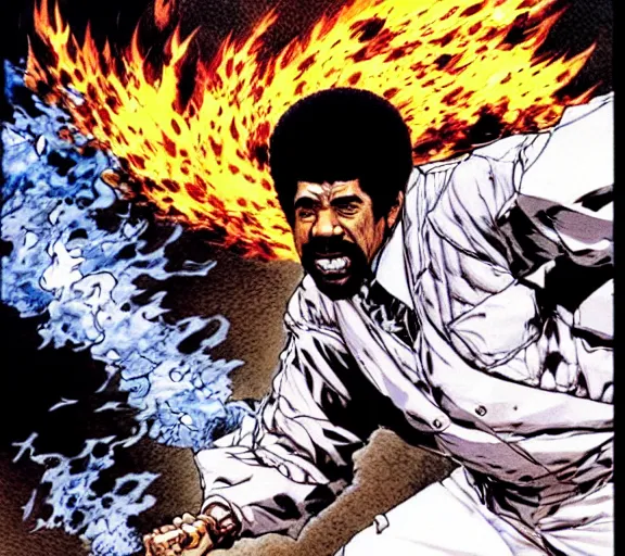 Prompt: a scene of richard pryor running around while on fire, comic book art, by yoji shinkawa and takehiko inoue and kim jung gi, masterpiece, perfect