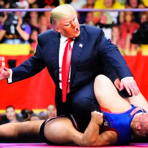 Prompt: donald trump wrestle and suplex against vladimir putin, wrestling ring, vivid, colorful