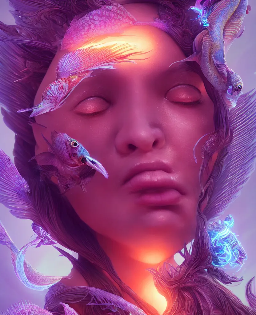 Image similar to goddess close-up portrait. orchid bird phoenix head, nautilus, skull, betta fish, bioluminiscent creatures, intricate artwork by Tooth Wu and wlop and beeple. octane render, trending on artstation, greg rutkowski very coherent symmetrical artwork. cinematic, hyper realism, high detail, octane render, 8k