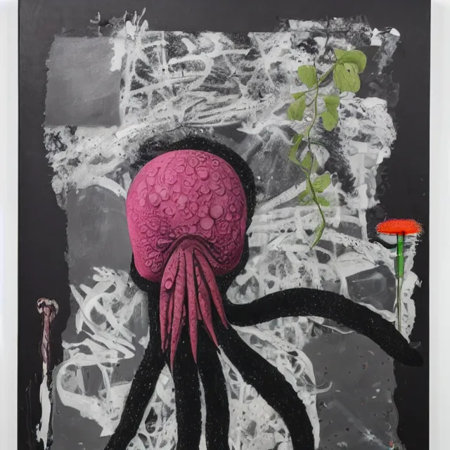 Image similar to empty room with black walls, a portrait of a female pathologist, an octopus, wilted flowers, squashed berries, neo - expressionism, surrealism, acrylic and spray paint and oilstick on canvas