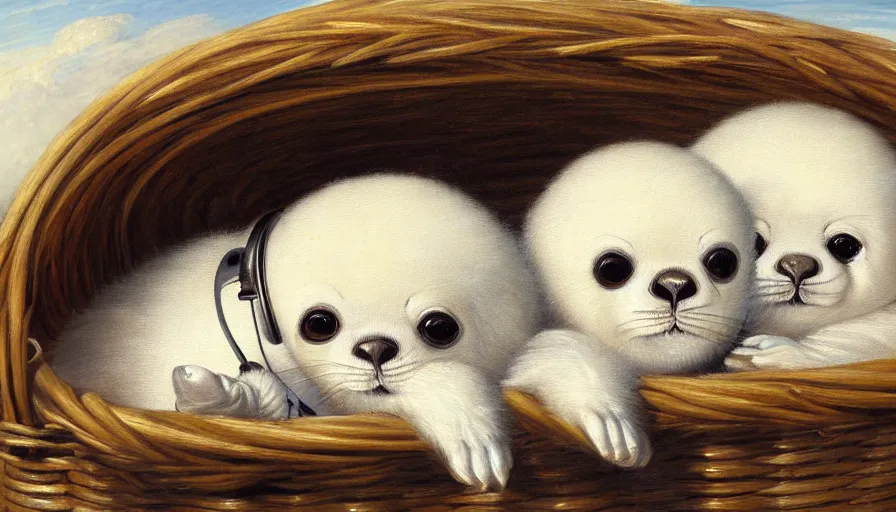 Prompt: highly detailed painting of cute furry white baby seals wearing headphones and shades cuddling up in a basket by william turner, thick brush strokes and visible paint layers, 4 k resolution