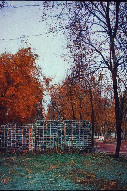 Image similar to a lomographic photo of abandoned playground of moscow, autumn, cinestill, bokeh