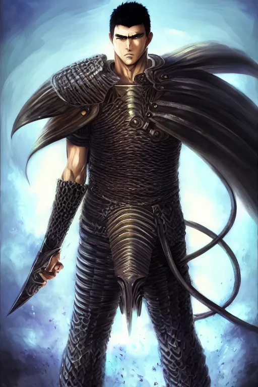 Image similar to A realistic anime portrait of Guts in the berserk armor, berserk, digital painting, by Stanley Artgerm Lau, Sakimichan, WLOP and Rossdraws, digital painting, painterly, Pixiv, Deviantart, golden ratio, rule of thirds, good composition, HD, 8k, award winning, promo art, splash art, rpg, jrpg, dungeons and dragons, DND, trending on ArtStation