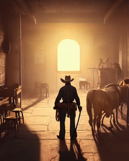 Image similar to an old cowboy walking through the door of a bustling, crowded. saloon, wild west, sunset lighting, dusty, sunbeams. digital illustration, colors, soft lighting, adventurous, atmospheric lighting, 8K, octane render. By Makoto Shinkai, Stanley Artgerm Lau, WLOP, Rossdraws, James Jean, Andrei Riabovitchev, Marc Simonetti, krenz cushart, Sakimichan, D&D trending on ArtStation, digital art.