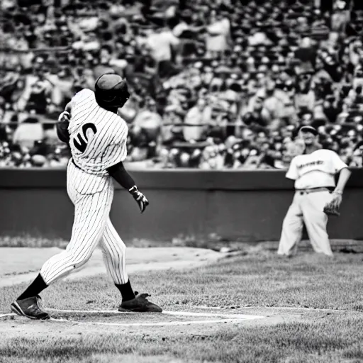 Prompt: home run at a baseball game, huge hit, broken bat, epic shot, baseball photography, black and white