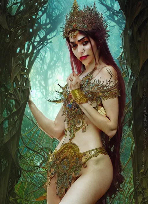 Image similar to kuntilanak on tree, d & d, wet, shiny, fantasy, intricate, elegant, higly detailed, dramatically art, ultra definition, digital painting, artstation, concept art, smooth, sharp focus, illustration, art by artgerm and greg rutkowski and alphonse mucha and garis edelweiss