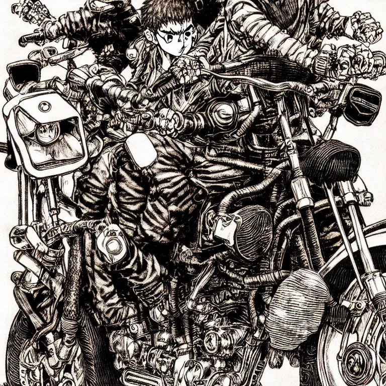 Image similar to motorbiker from hell, manga style of kentaro miura, by norman rockwell, weirdcore