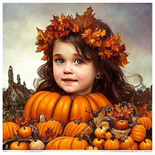 Prompt: a cute little girl with light brown wavy curly hair and blue eyes sitting amidst piles of pumpkins. beautiful cute highly detailed face. she is wearing a crown of autumn leaves. autumn and fall and halloween themed painting by artgerm and greg rutkowski and alphonse mucha.