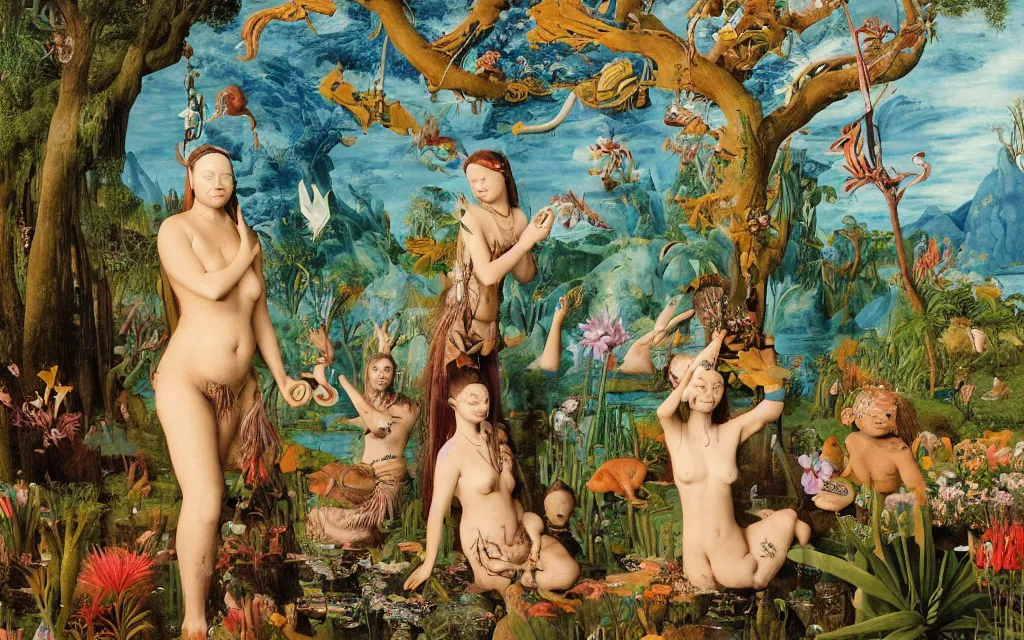 Prompt: a portrait photograph of a meditating mermaid shaman and a centaur monk feeding tropical animals at a wide river delta. surrounded by bulbous flowers, animals and trees. mountain range under a vast blue sky of burning stars. painted by jan van eyck, max ernst, ernst haeckel and artgerm, cgsociety, artstation, fashion editorial