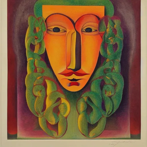 Image similar to floral face portrait by leonetto cappiello and wojciech siudmak and ernst fuchs, anni albers, oil on canvas