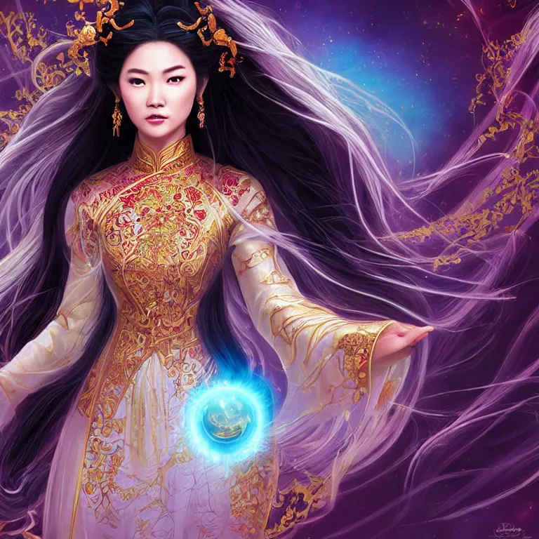 Image similar to beautiful cinematic fantasy poster, a beautiful vietnamese goddess wearing an ornate ao dai with flowing illuminated hair, beautiful glowing galaxy eyes, wideshot ultrawide angle epic scale, hybrid from The Elden Ring and art direction by Darius Zawadzki ;by artgerm; wayne reynolds art station; cinematic quality character render; low angle; ultra high quality model; production quality cinema model;