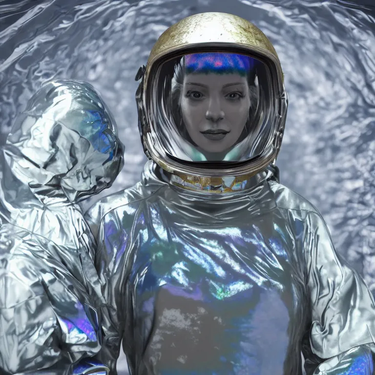 Image similar to octane render portrait by wayne barlow and carlo crivelli and glenn fabry, subject is a woman covered in tie - dye aluminum foil space suit with a iridescent metallic space helmet, inside a dark gothic rococo palace, cinema 4 d, ray traced lighting, very short depth of field, bokeh