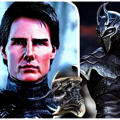 Image similar to daedric armor Tom Cruise vs Barrack Obama ebony warrior Skyrim Mod 4K award winning game of the year 120 HZ refresh rate