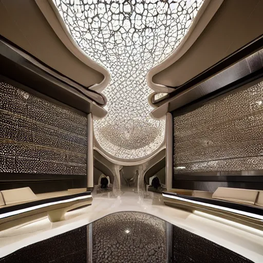 Image similar to extremely detailed ornate stunning beautiful elegant futuristic museum lobby interior by Zaha Hadid