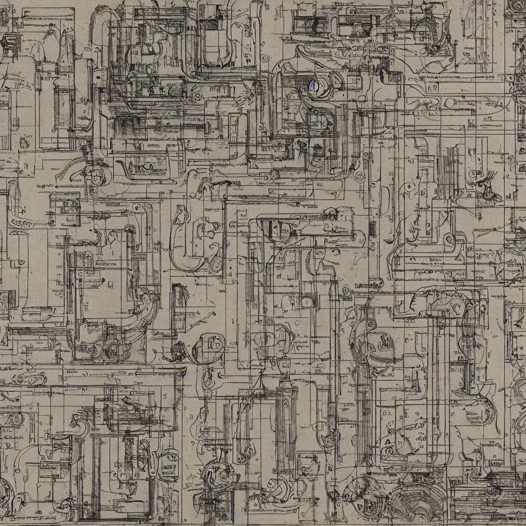 Prompt: close - up on detailed, intricate technical drawings from 1 8 4 0 with extensive written labels and covered in scribbled pencil notes, for a mechanical display attachment to babbage's difference engine, showing a screen playing tetris