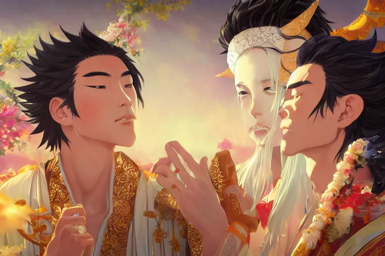 Image similar to close up moment of a divine a japan sun god and a moon goddess lovers magician at a wedding banquet, highly detailed, genshin, fantasy, 4 k realistic, digital painting, trending on artstation, concept art, sharp focus, illustration, art by makoto shinkai and akihiko yoshida and daniel gerhartz