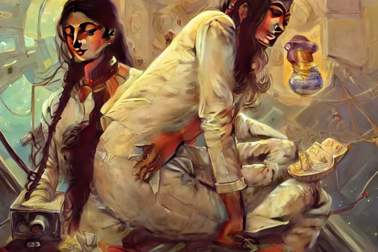 Image similar to Sensual good looking pale young Indian doctors wearing jeans partying in a space station above Earth performing surgery, portrait, elegant, intricate, digital painting, artstation, concept art, smooth, sharp focus, illustration, art by artgerm and greg rutkowski and alphonse mucha