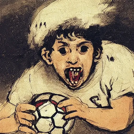 Image similar to a painting of a soccer player devouring a soccer ball by goya,