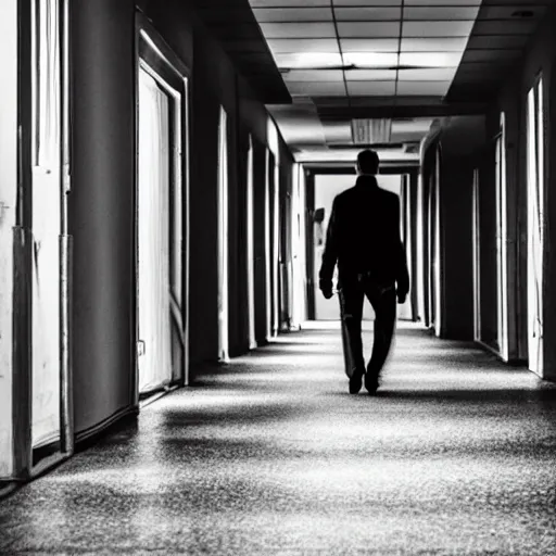 Prompt: a man walking down a disintegrating hallway