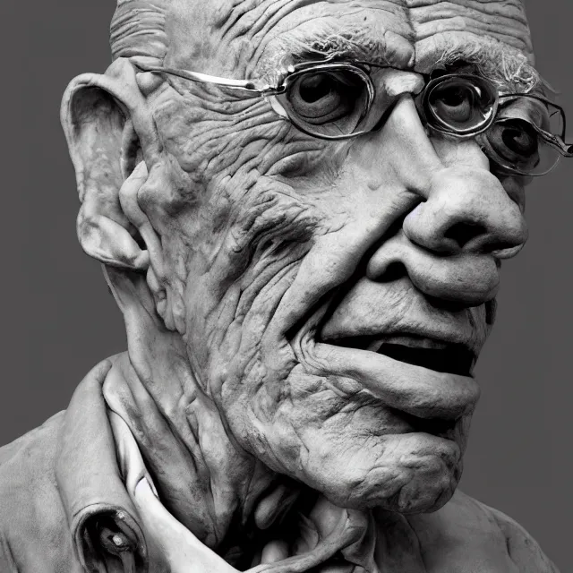 Image similar to photography of a sculpture of Samuel Beckett by Ralph Steadman and Michelangelo, made of clay, 50mm, studio atmosphere, 8K, rim light, octane render, ultra-realistic