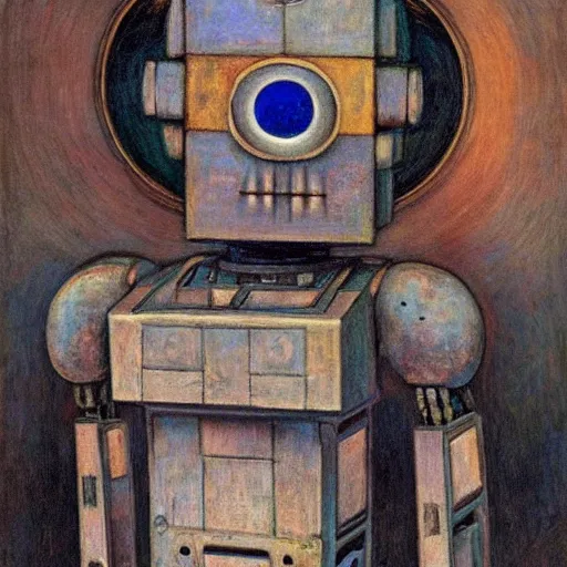 Image similar to grieving robot wearing the bone crown, by Annie Swynnerton and Diego Rivera , symbolist, dramatic lighting, elaborate geometric ornament, Art Brut, soft cool colors,smooth, sharp focus, extremely detailed, Adolf Wölfli and (Donato Giancola)