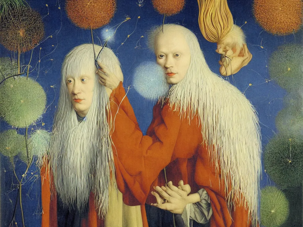 Prompt: Portrait of albino mystic with blue eyes, with exotic glowing dandelion seed storm. Painting by Jan van Eyck, Audubon, Rene Magritte, Agnes Pelton, Max Ernst, Walton Ford