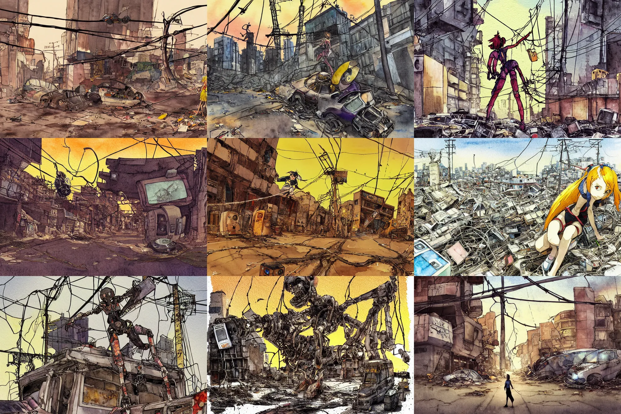 Prompt: detailed artwork, curvilinear, simple watercolor, harsh bloom lighting, rim light, abandoned city, drawn girl climbing a dead corpse rusty evangelion robot crashed in deserted dusty shinjuku junk town, tangled overhead wires, telephone pole, old pawn shop, broken tv, harsh shadows, pale yellow sky, bold graffiti